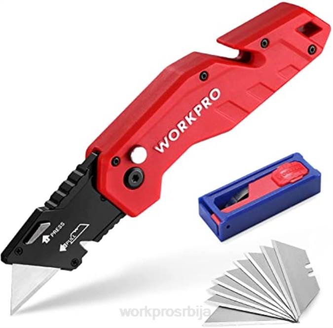 црвена/плава/црна WORKPRO склопиви помоћни нож лагана најлонска ручка помоћни секач са 10-делним додатним сечивима оруђе 220038