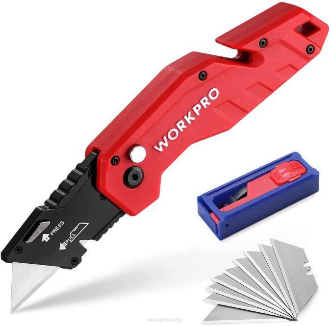 црвена/плава/црна WORKPRO склопиви помоћни нож лагана најлонска ручка помоћни секач са 10-делним додатним сечивима оруђе 220038