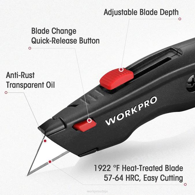 црно/плаво/црвено WORKPRO премиум помоћни нож, увлачиви метални нож за тешке услове рада, нож за бријање са брзим изменама, са 10 додатних сечива оруђе 220051