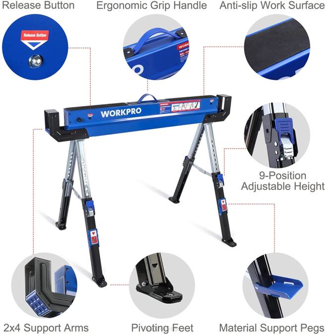 Нова WORKPRO 2 ком склопиви коњ за тестере подесив за тешке услове рада са 2к4 потпорним рукама, носивост 3000 лбс, ноге подесиве висине 24-32 инча, окретна стопала и потпорни клинови складиште 220035