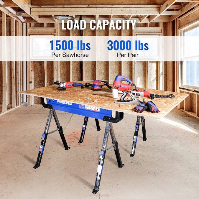 Нова WORKPRO 2 ком склопиви коњ за тестере подесив за тешке услове рада са 2к4 потпорним рукама, носивост 3000 лбс, ноге подесиве висине 24-32 инча, окретна стопала и потпорни клинови складиште 220035