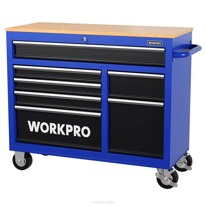 Нова WORKPRO 42-инчни ковчег за алат са 7 фиока са дрвеним врхом, опремљен точковима, ручком, облогом фиоке и системом за закључавање, носивост 1000 лбс складиште 220026