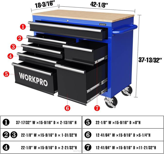 Нова WORKPRO 42-инчни ковчег за алат са 7 фиока са дрвеним врхом, опремљен точковима, ручком, облогом фиоке и системом за закључавање, носивост 1000 лбс складиште 220026
