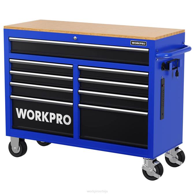 морден WORKPRO 46-инчни ковчег за алате са 9 фиока са дрвеним врхом, опремљен точковима, ручком, облогом фиоке и системом за закључавање, носивост 1200 лбс складиште 220015