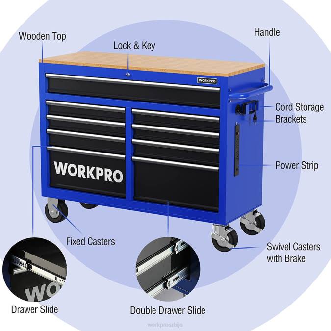 морден WORKPRO 46-инчни ковчег за алате са 9 фиока са дрвеним врхом, опремљен точковима, ручком, облогом фиоке и системом за закључавање, носивост 1200 лбс складиште 220015