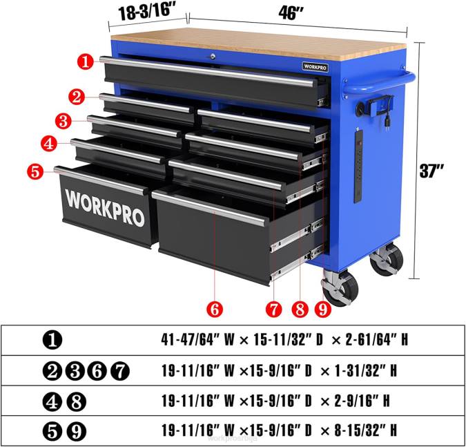 морден WORKPRO 46-инчни ковчег за алате са 9 фиока са дрвеним врхом, опремљен точковима, ручком, облогом фиоке и системом за закључавање, носивост 1200 лбс складиште 220015