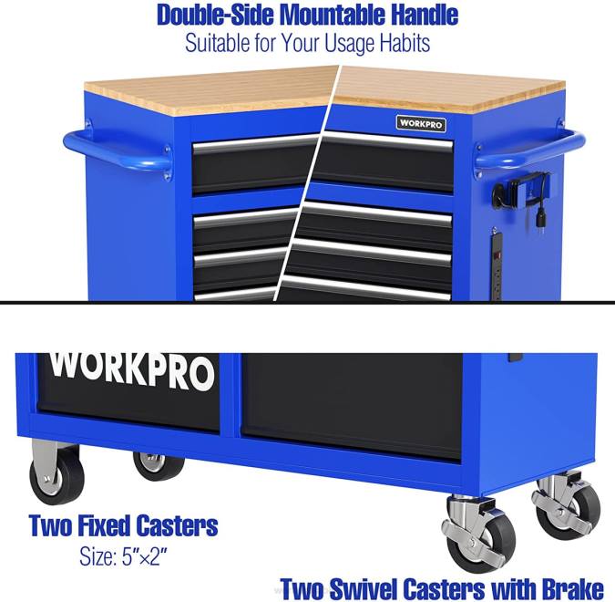 морден WORKPRO 46-инчни ковчег за алате са 9 фиока са дрвеним врхом, опремљен точковима, ручком, облогом фиоке и системом за закључавање, носивост 1200 лбс складиште 220015