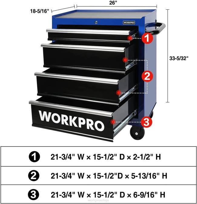 морден WORKPRO Комода за алат са 4 фиоке, 26-инчни метални ормар за складиштење алата са точкићима, систем закључавања, облога фиоке, носивост 450 лбс складиште 220017