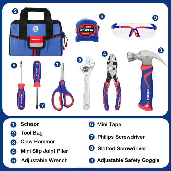 розе/плаве WORKPRO 9 ком дечији јуниор сет алата са торбом за алат оруђе 2200253