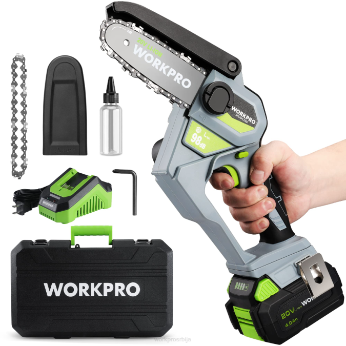 морден WORKPRO Акумулаторска компактна моторна тестера од 20 В са батеријом од 4,0 Ах и ланцем за замену оруђе 2200298