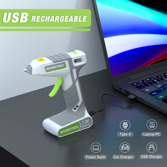 розе/бело WORKPRO 7.2в бежични комплет пиштоља за топљење лепка оруђе 2200164