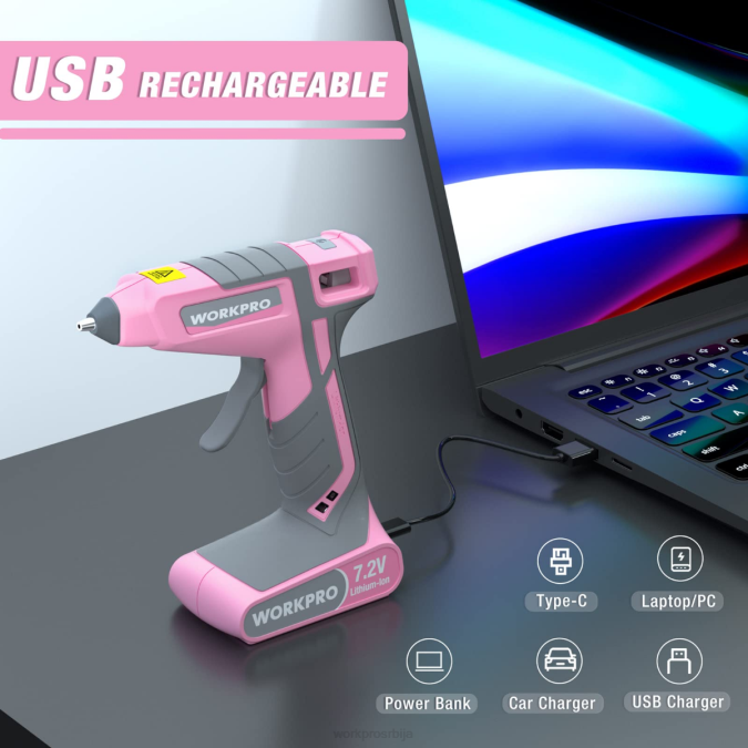 розе/бело WORKPRO 7.2в бежични комплет пиштоља за топљење лепка оруђе 2200164