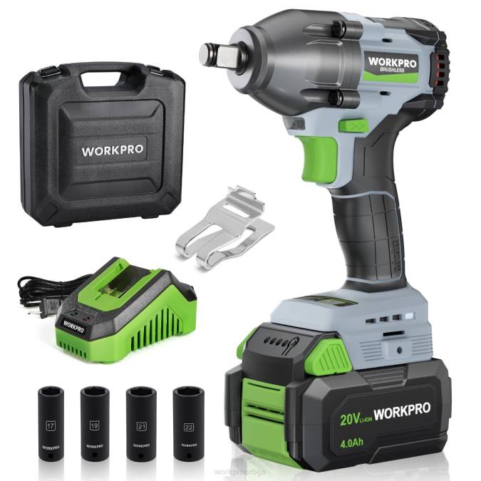 морден WORKPRO 20в акумулаторски ударни кључ, са батеријом од 4,0 ах, брзим пуњачем, 4 ударне утичнице и футролом за одлагање оруђе 2200188