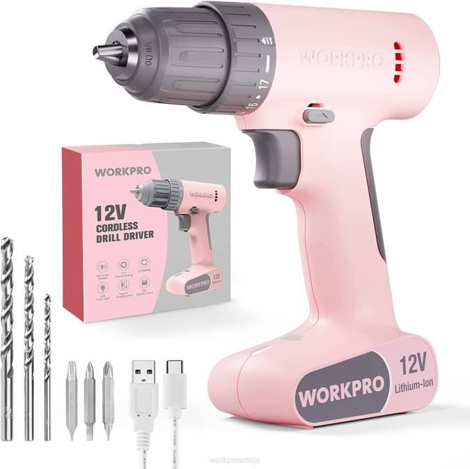 розе/бело WORKPRO 12в акумулаторска бушилица сет са 6 комада битова, 3/8-инчна стезна глава без кључа, променљива брзина, подешавање од 18 додира оруђе 2200175