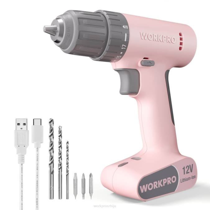 розе/бело WORKPRO 12в акумулаторска бушилица сет са 6 комада битова, 3/8-инчна стезна глава без кључа, променљива брзина, подешавање од 18 додира оруђе 2200175