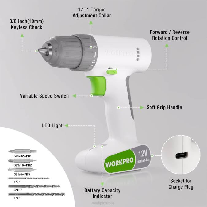 розе/бело WORKPRO 12в акумулаторска бушилица сет са 6 комада битова, 3/8-инчна стезна глава без кључа, променљива брзина, подешавање од 18 додира оруђе 2200175