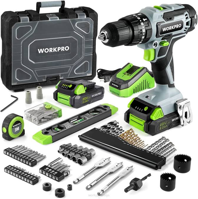 корисним WORKPRO 20в мак сет акумулаторске бушилице, електрична ударна бушилица са 102 комада прибора, 2 к 2.0ах литијум-јонске батерије са брзим пуњачем оруђе 2200170
