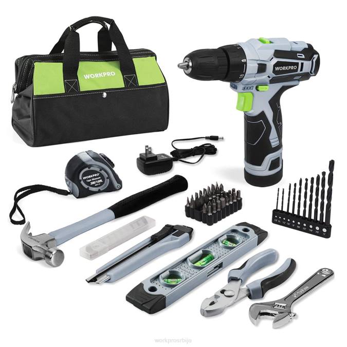 сива WORKPRO 61 ком 12в акумулаторска бушилица и комплет кућног алата, укључена је торба за одлагање од 14 инча оруђе 2200174