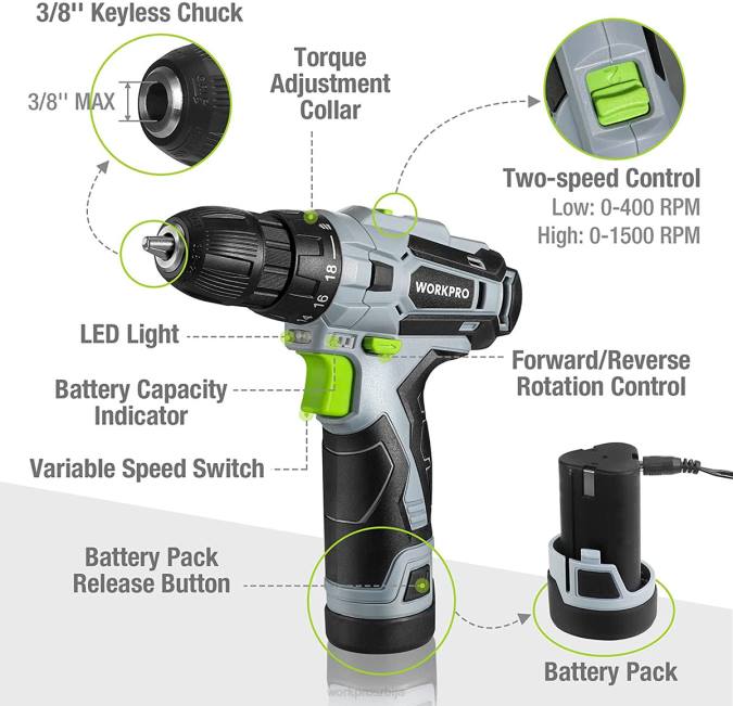 сива WORKPRO 61 ком 12в акумулаторска бушилица и комплет кућног алата, укључена је торба за одлагање од 14 инча оруђе 2200174