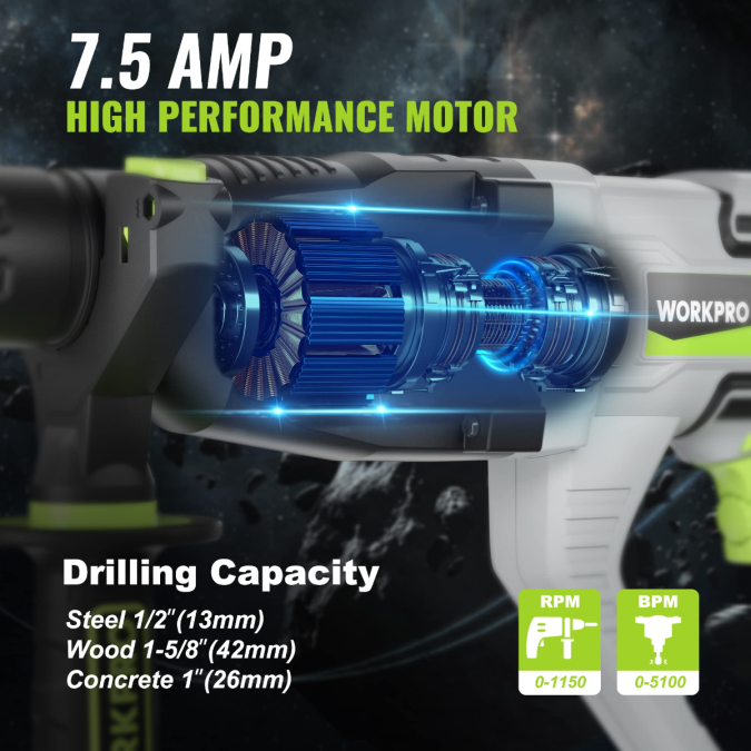 корисним WORKPRO 7.5амп 1-1/4 инча премиум сдс-плус ротациони чекић бушилица, лагана верзија са каблом оруђе 2200178